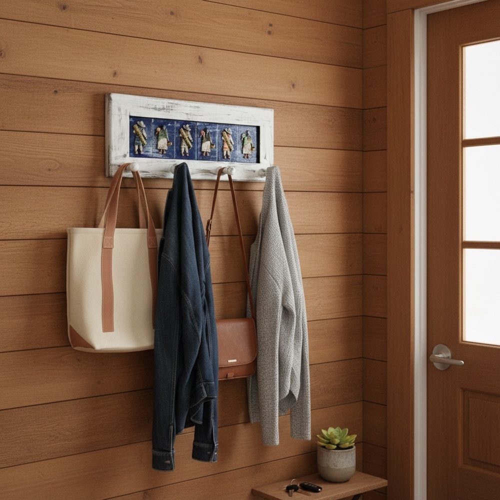 Rustic White Wall Hook Rack with Blue Folk Figure Tile Inlay
